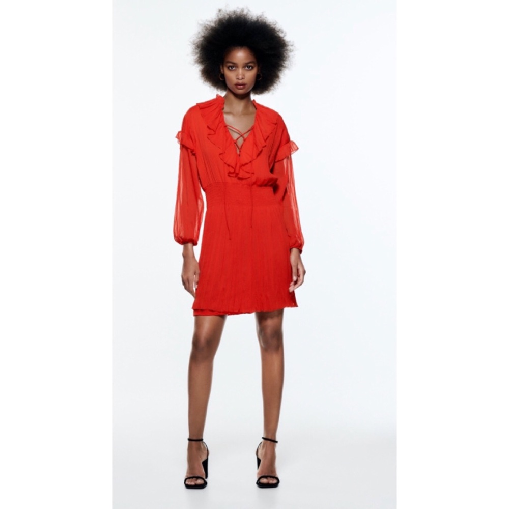 Zara SHORT RUFFLED DRESS Red S